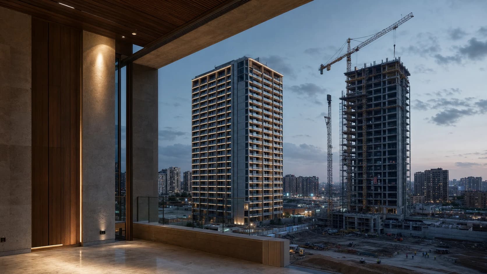 تصور بصري يجمع التشطيبات الداخلية الراقية مع هندسة وتنفيذ المباني المرتفعة.